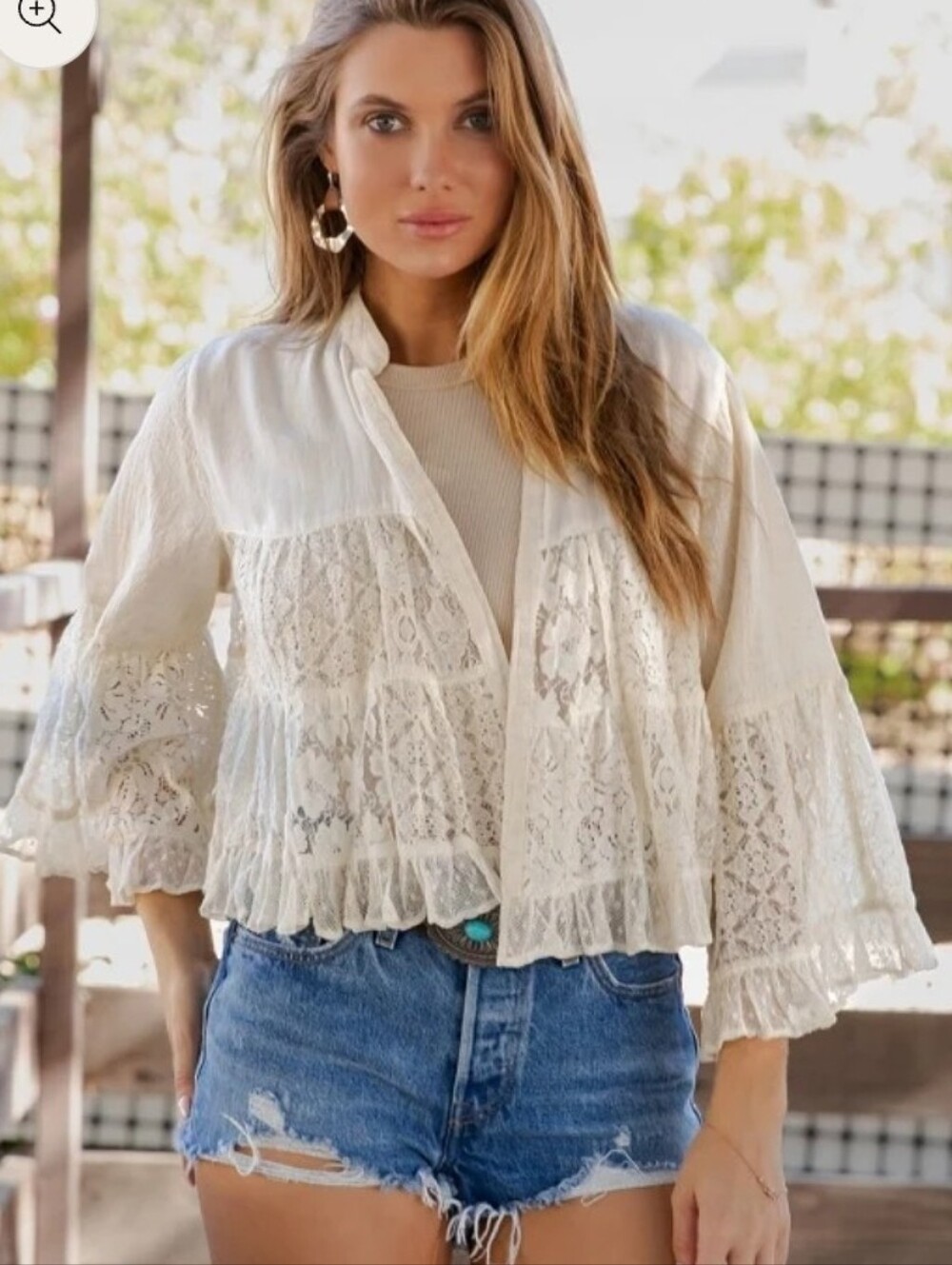 100% Cotton Canvas And Lace Open Front Cardigan - Sz L